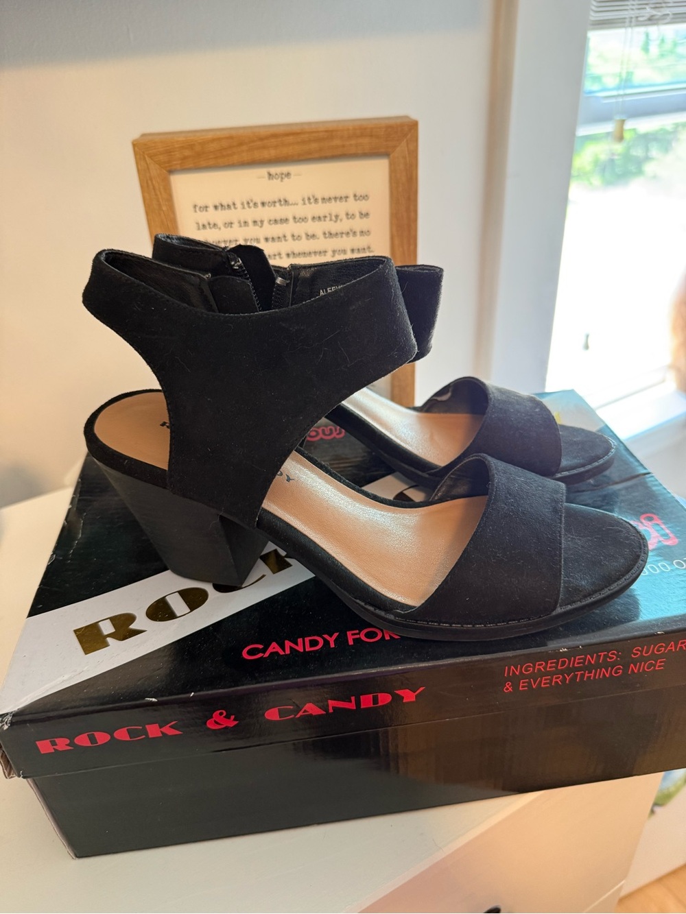 Rock & Candy Black Suede Block Heel Sandals with Ankle Strap